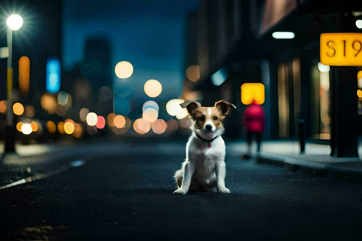 a dog sitting on the street at night. AI-Generated photo