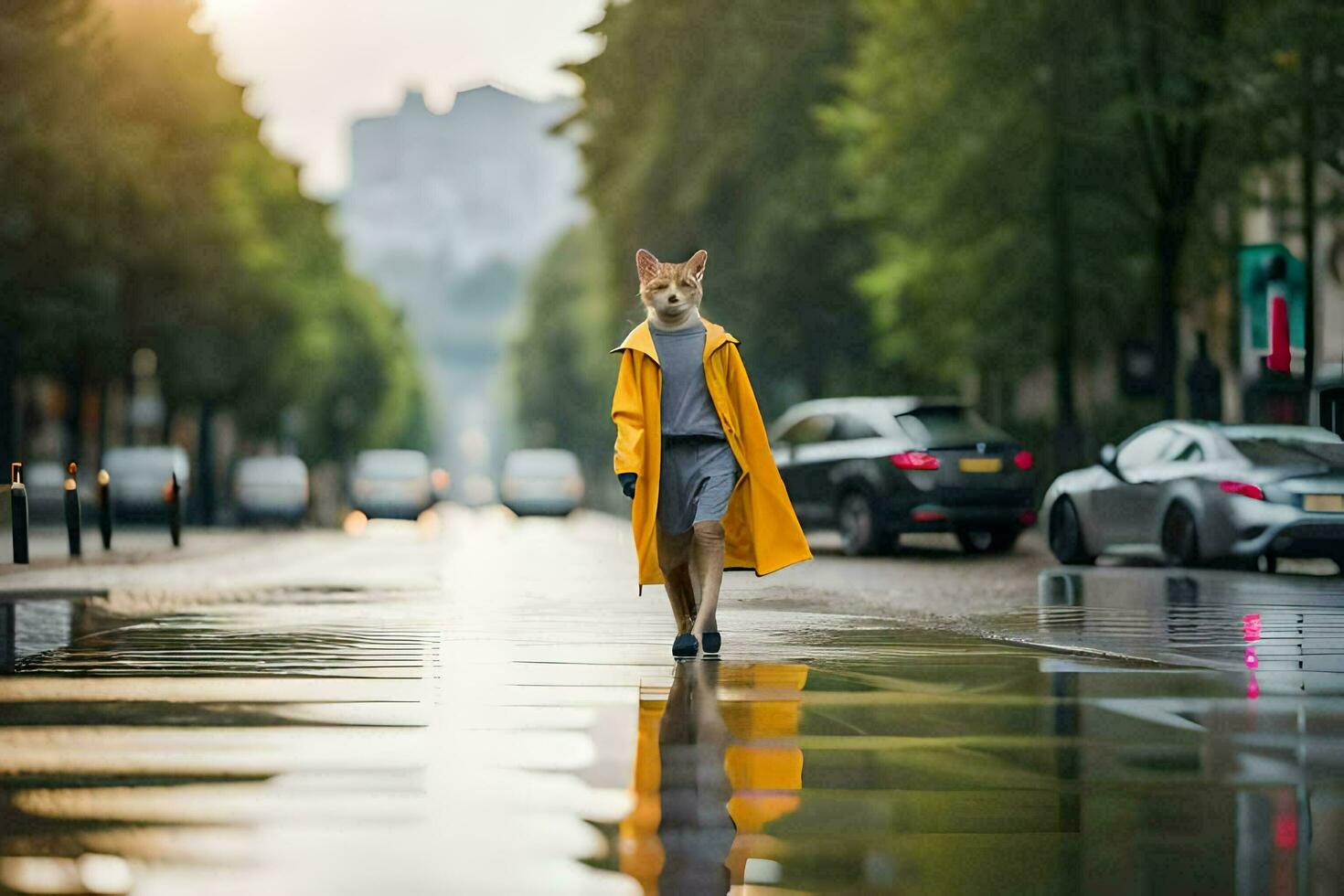 a fox in a yellow coat walking down a street. AI-Generated photo