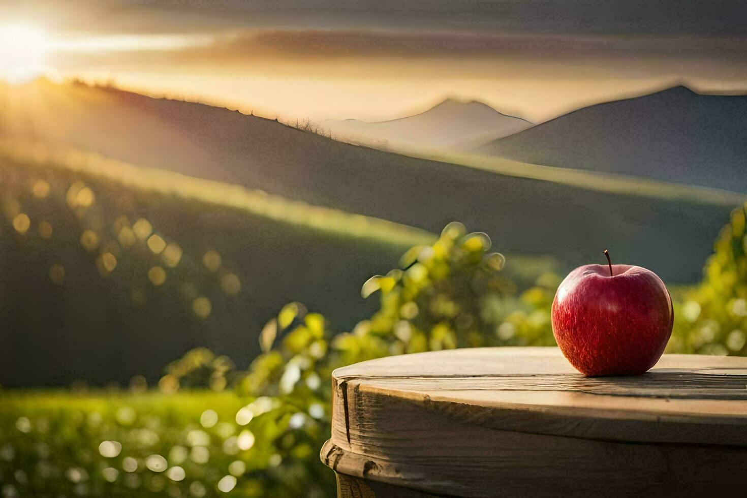 an apple sits on top of a barrel in front of a mountain. AI-Generated photo