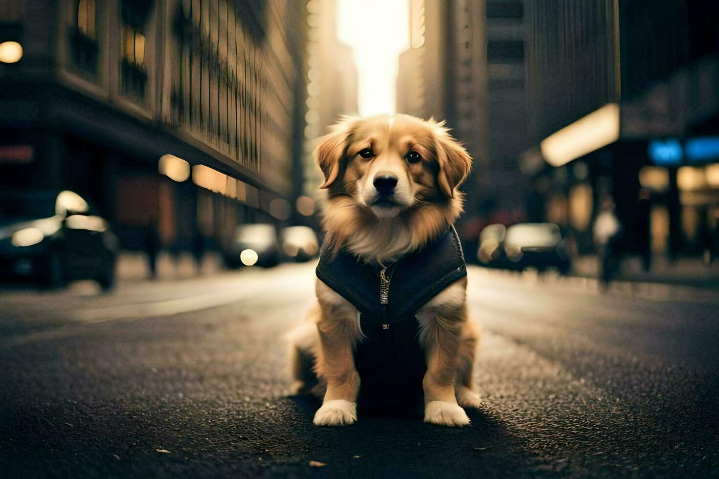 a dog sitting on the street in a city. AI-Generated photo