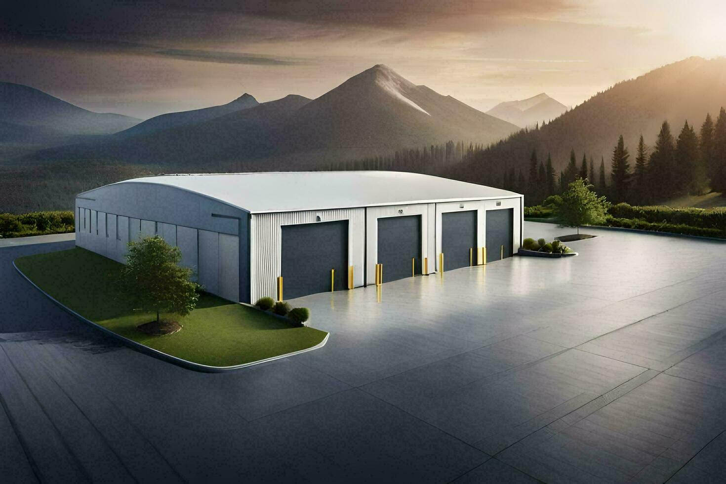 a large white building with a mountain in the background. AI-Generated photo