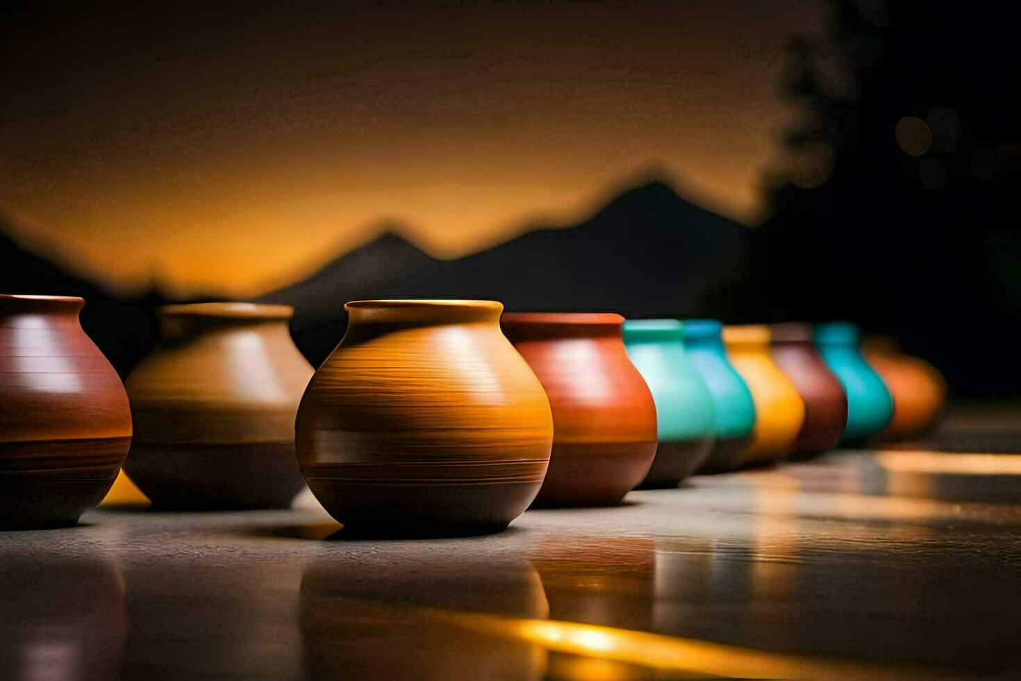 colorful vases lined up on a table. AI-Generated photo