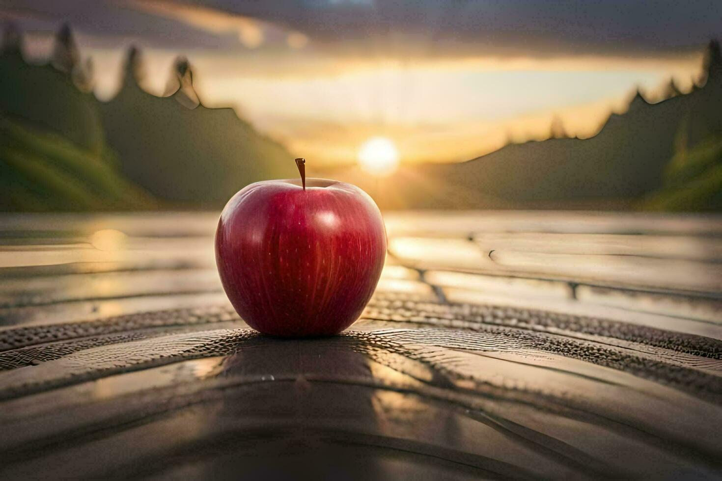 an apple sits on a tire in front of a lake. AI-Generated photo