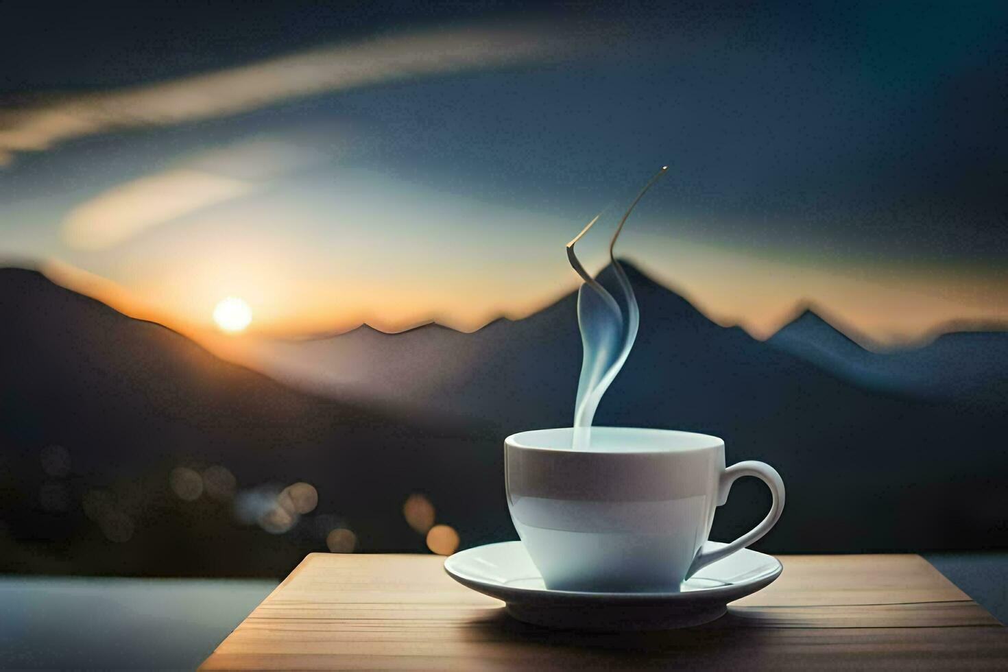 a cup of coffee on a table in front of mountains. AI-Generated photo