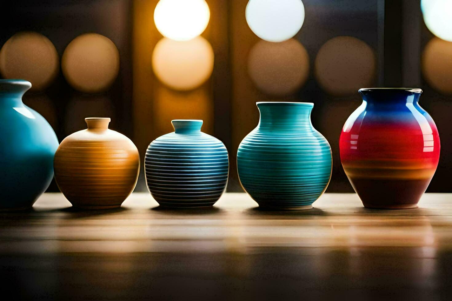 five vases are lined up on a table. AI-Generated photo