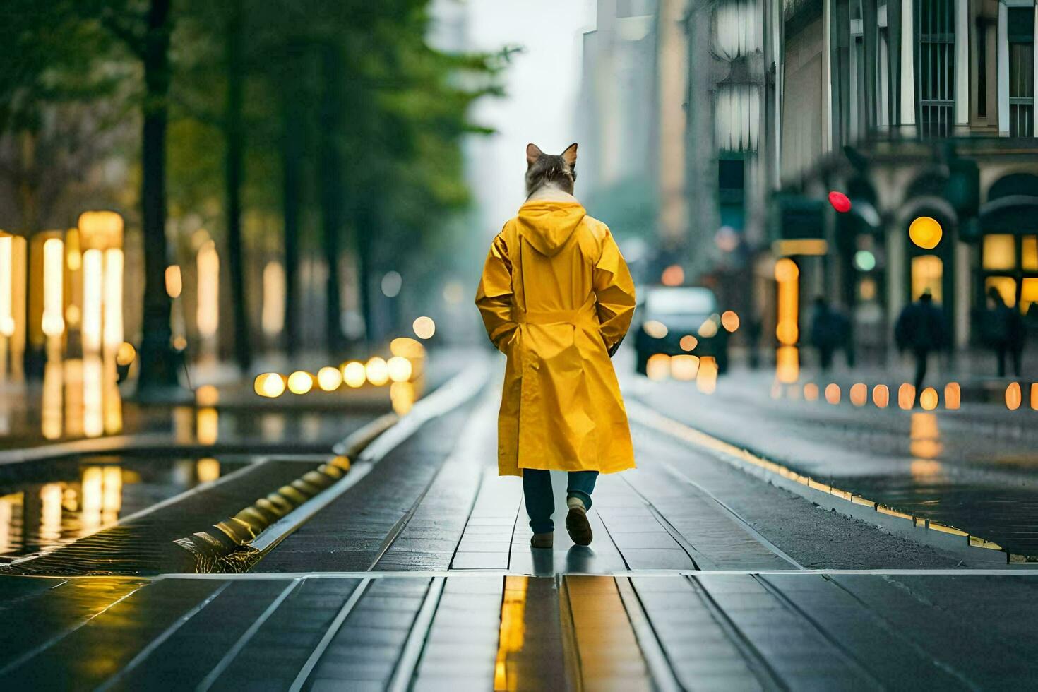 a fox in a yellow raincoat walking down a street. AI-Generated photo