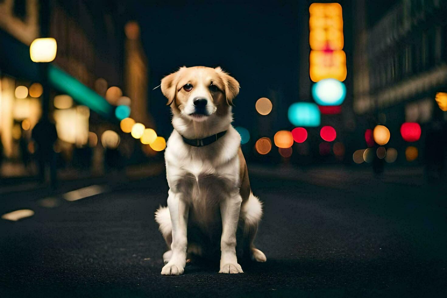 a dog sitting on the street at night. AI-Generated photo