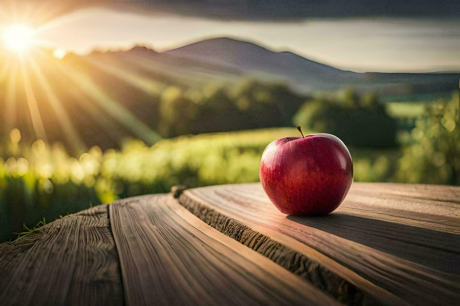 apple on a wooden table in the sunset. AI-Generated photo