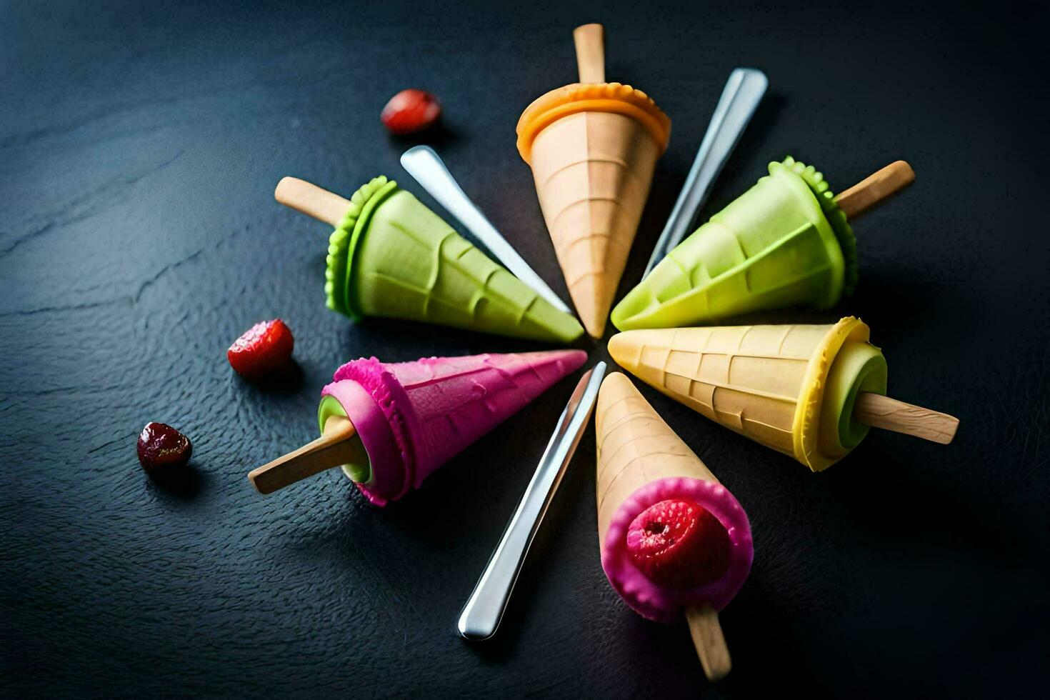 colorful ice cream cones on a black background. AI-Generated photo