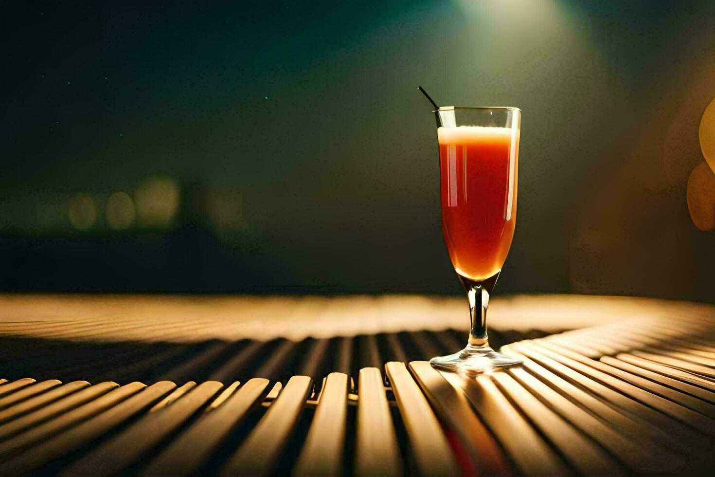 a glass of orange drink sitting on a table. AI-Generated photo