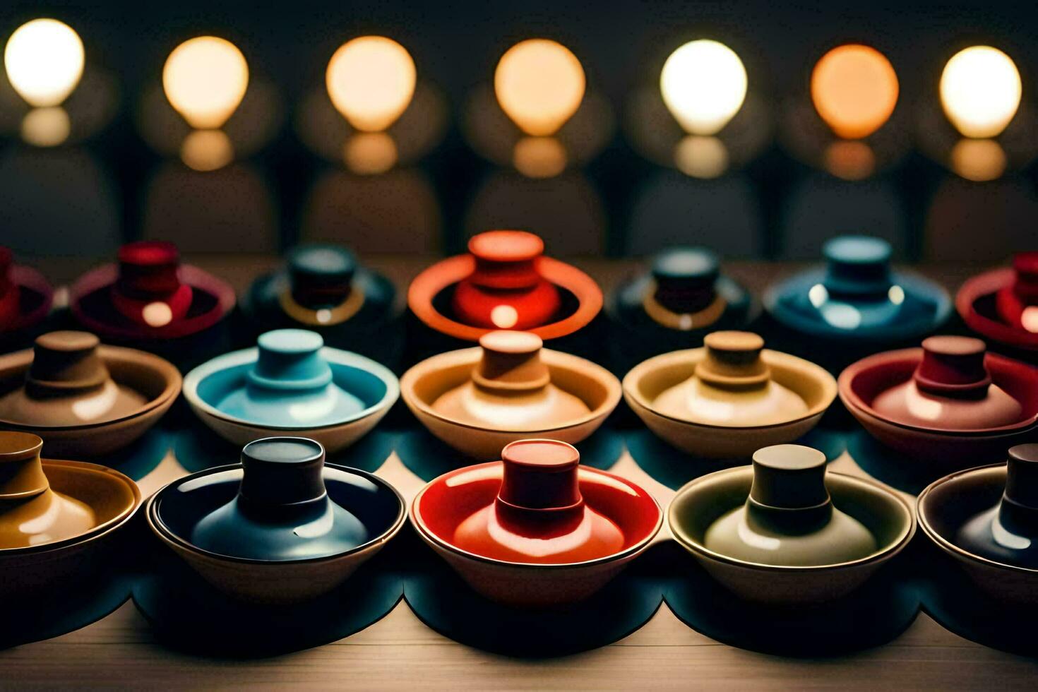 colorful bowls and cups sit on a table. AI-Generated photo