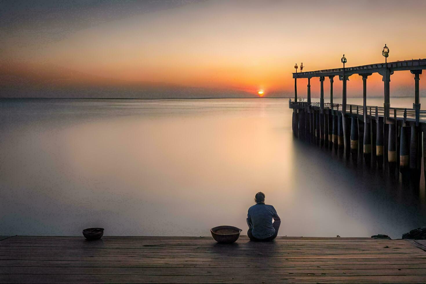 a man sitting on a dock watching the sun set over the ocean. AI-Generated photo