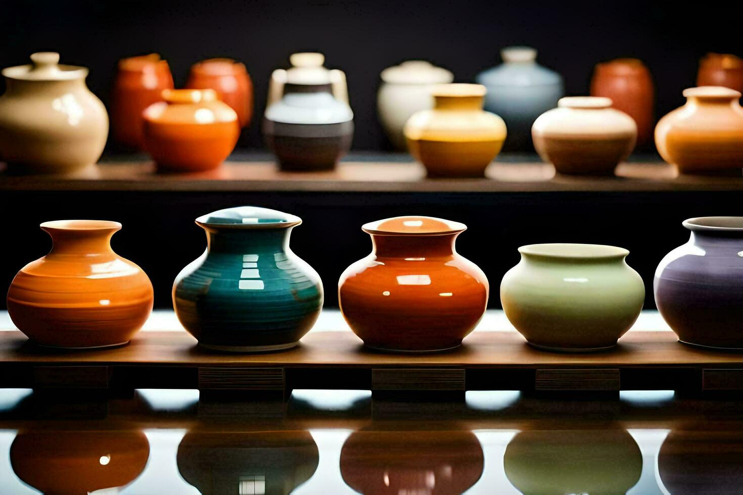 a row of colorful vases on a shelf. AI-Generated photo