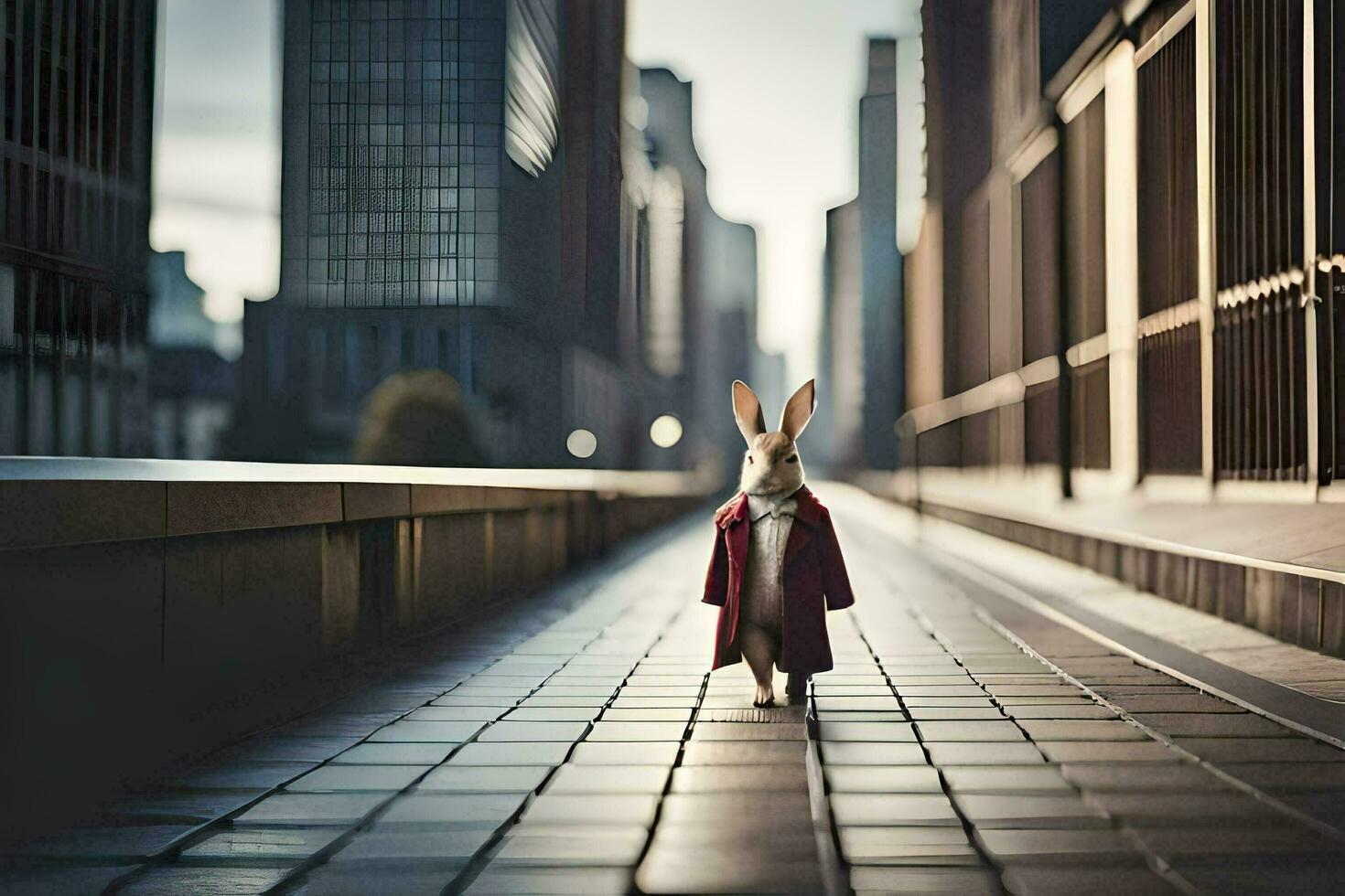 a rabbit in a red coat walking down a city street. AI-Generated photo