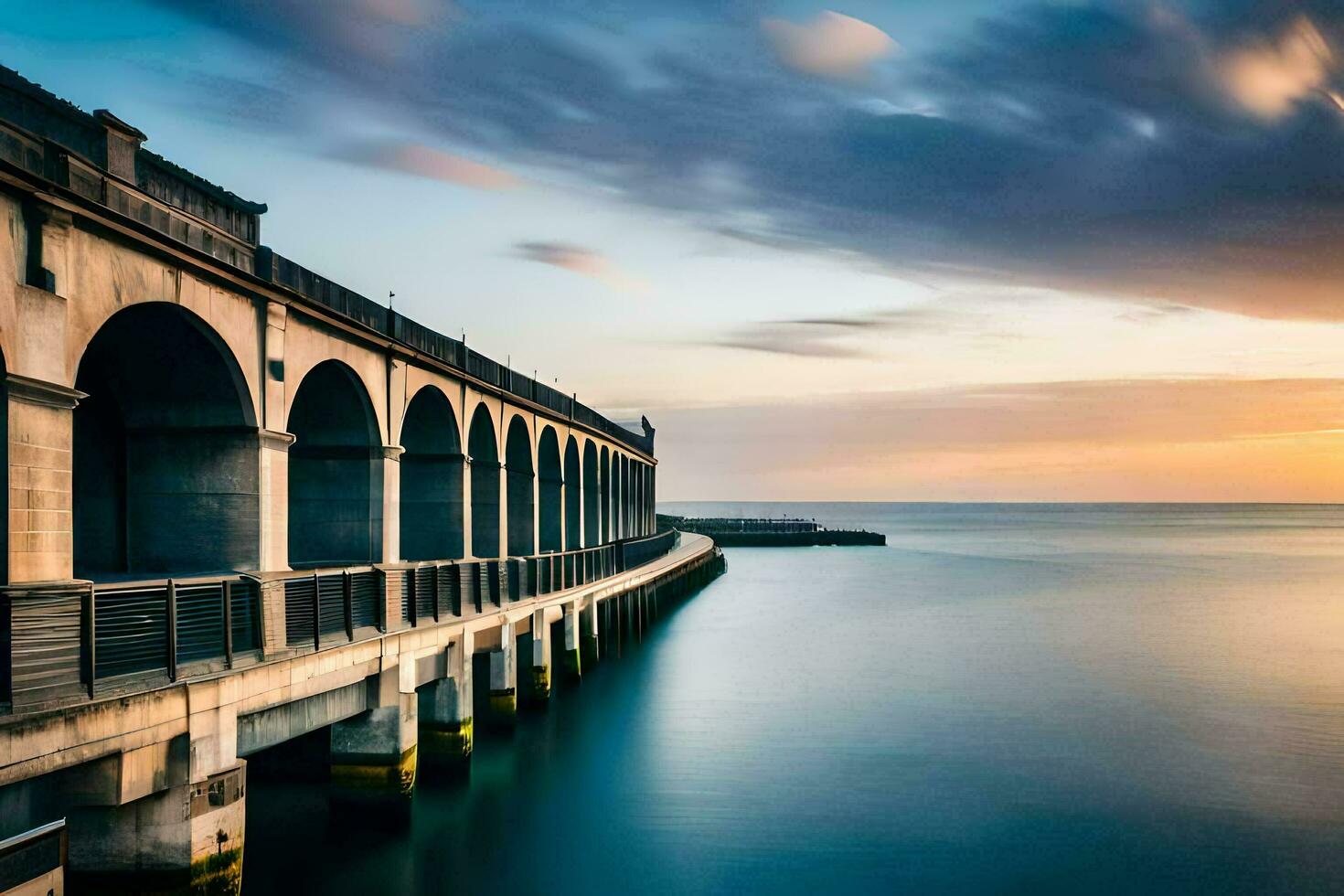 un largo exposición fotografía de un muelle a puesta de sol. generado por ai foto