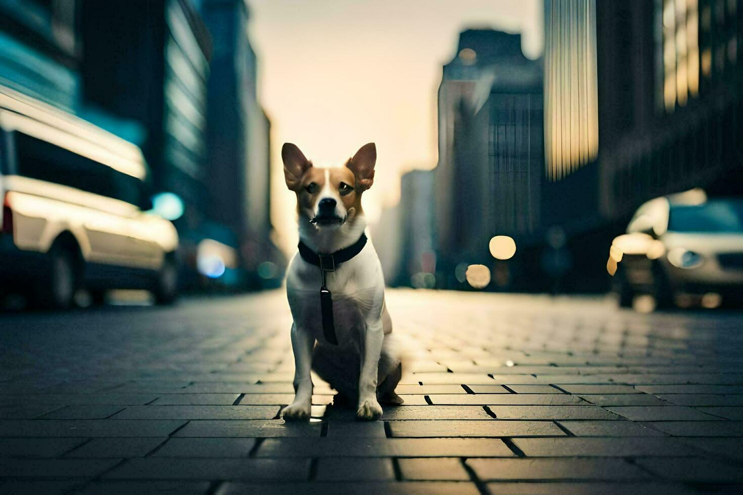 a dog sitting on the street in the city. AI-Generated photo