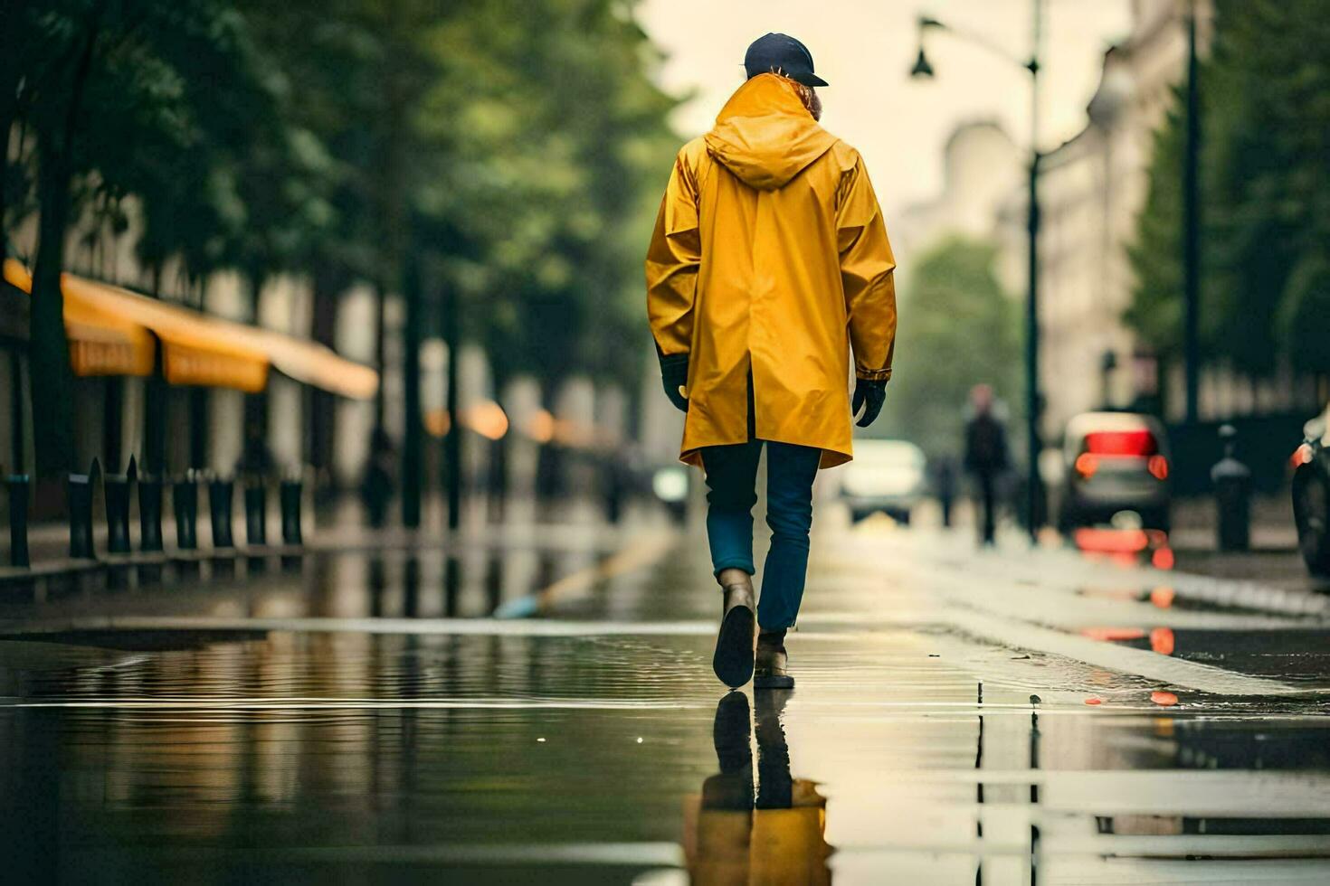 a person walking in the rain wearing a yellow raincoat. AI-Generated photo