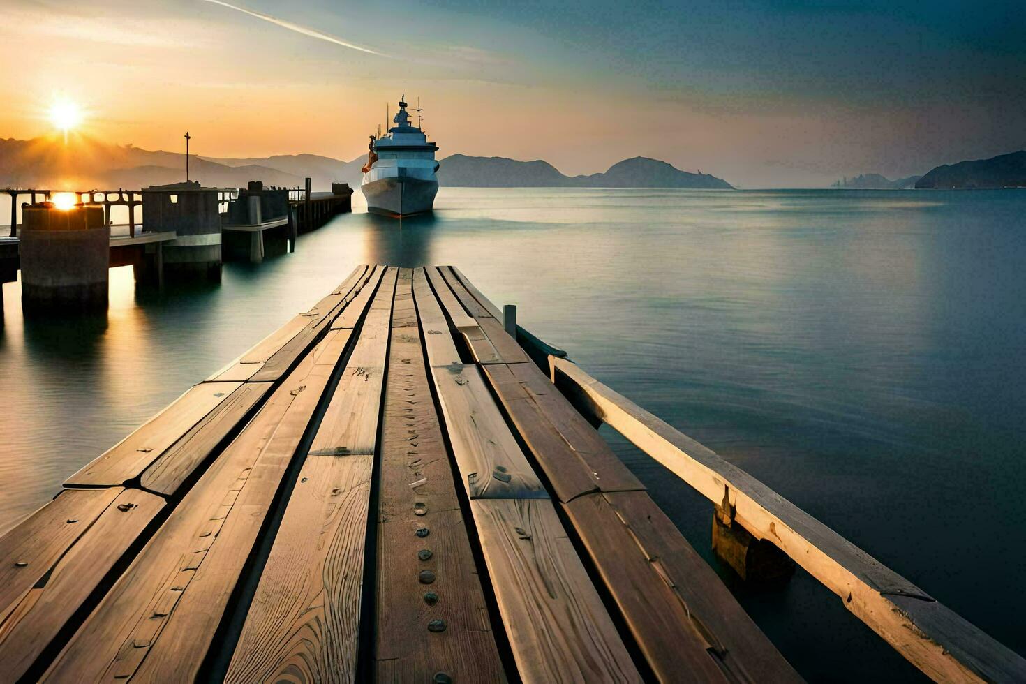 a wooden dock with a boat docked at the end. AI-Generated photo