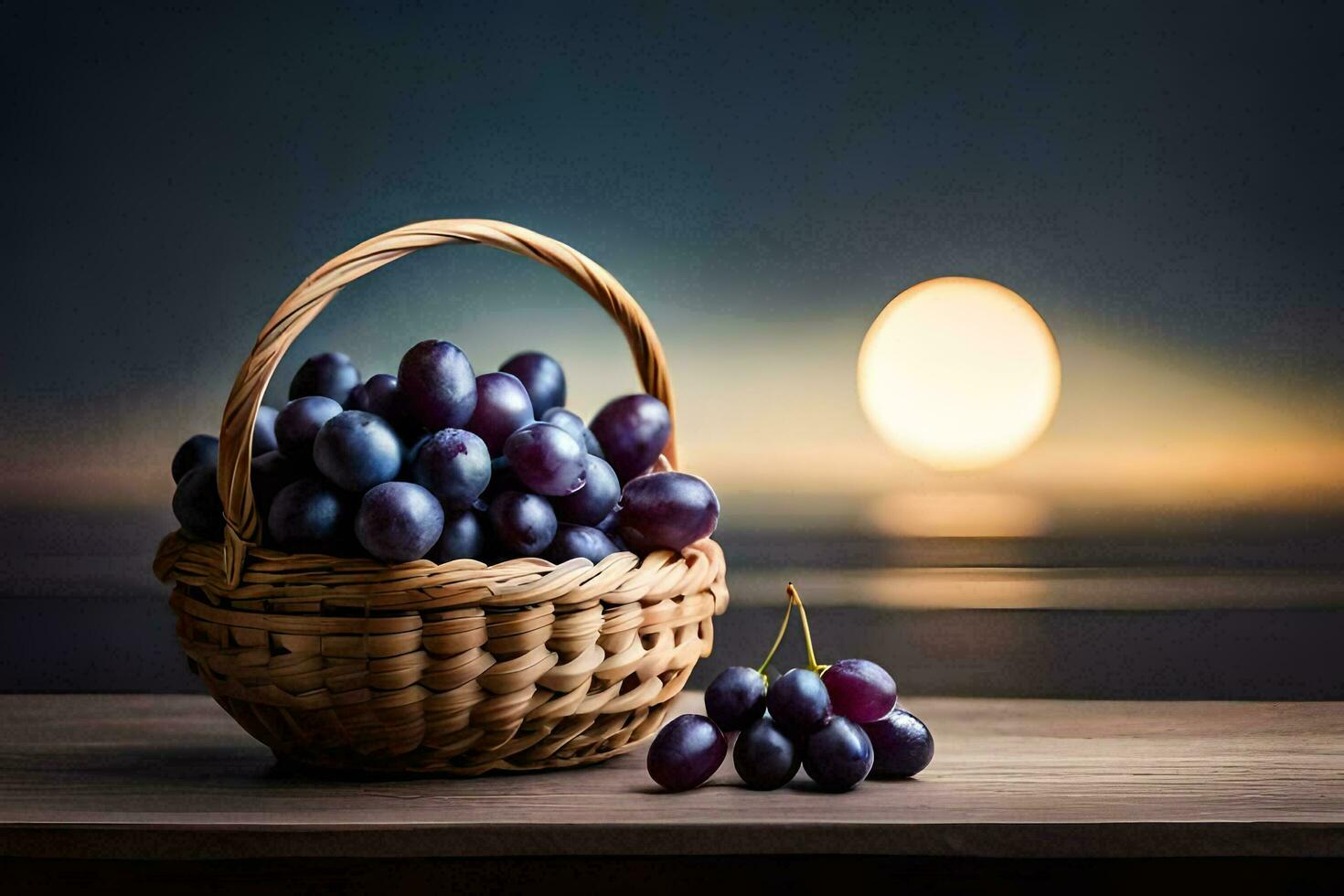 grapes in a basket on a table. AI-Generated photo