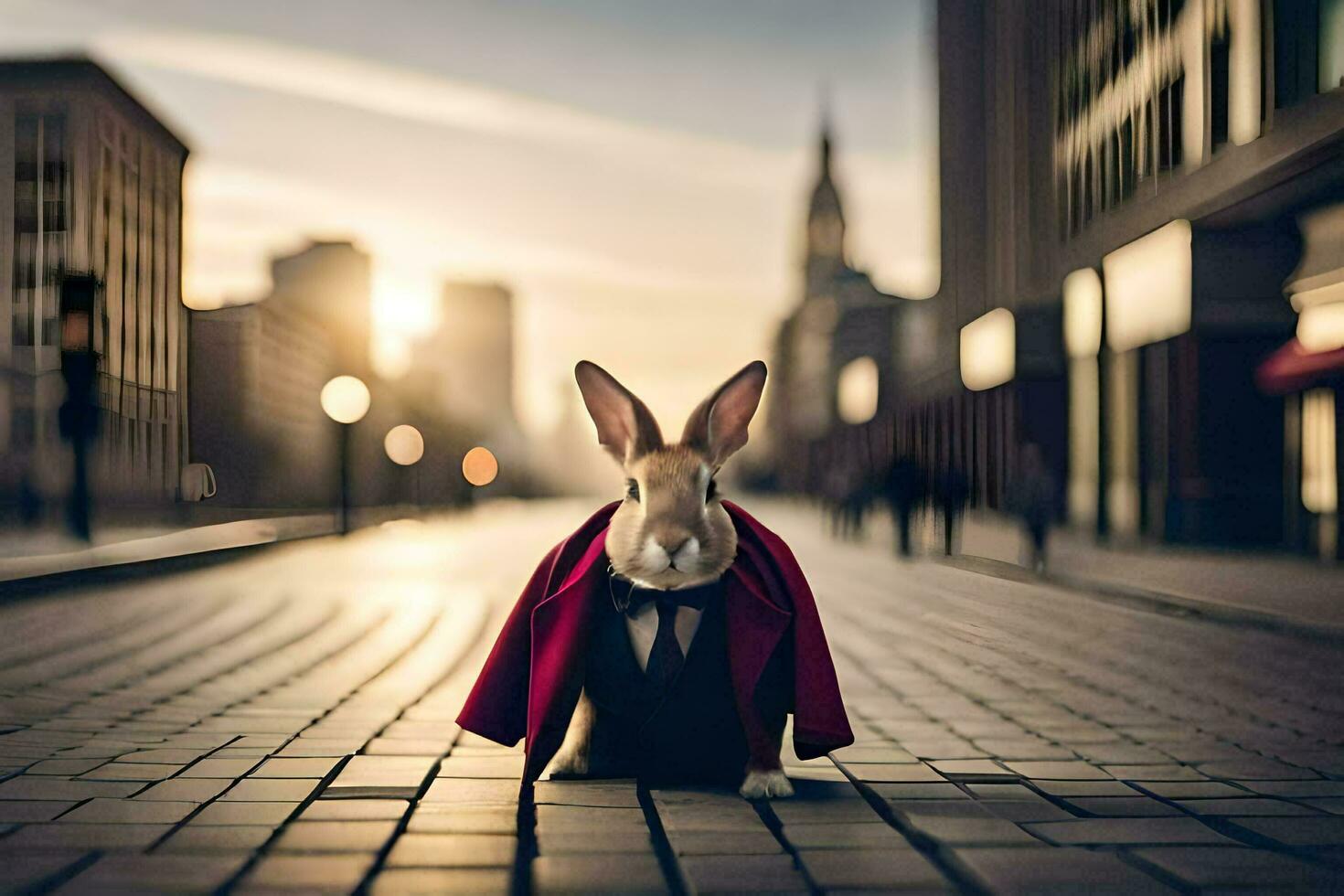 a rabbit wearing a red coat and tie standing on a street. AI-Generated photo