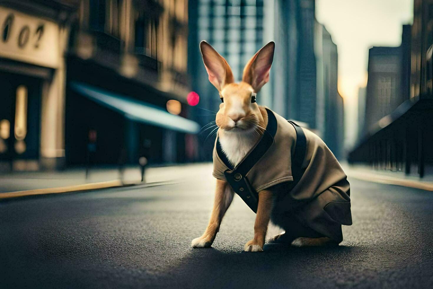 a rabbit wearing a trench coat on the street. AI-Generated photo