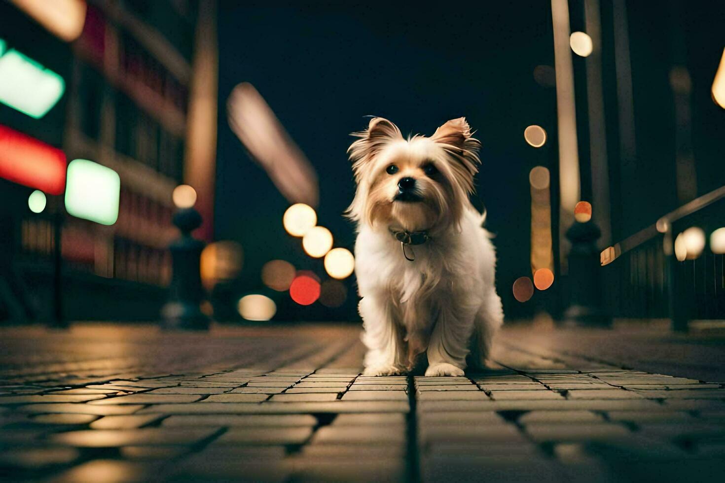 a small dog is standing on a brick walkway at night. AI-Generated photo