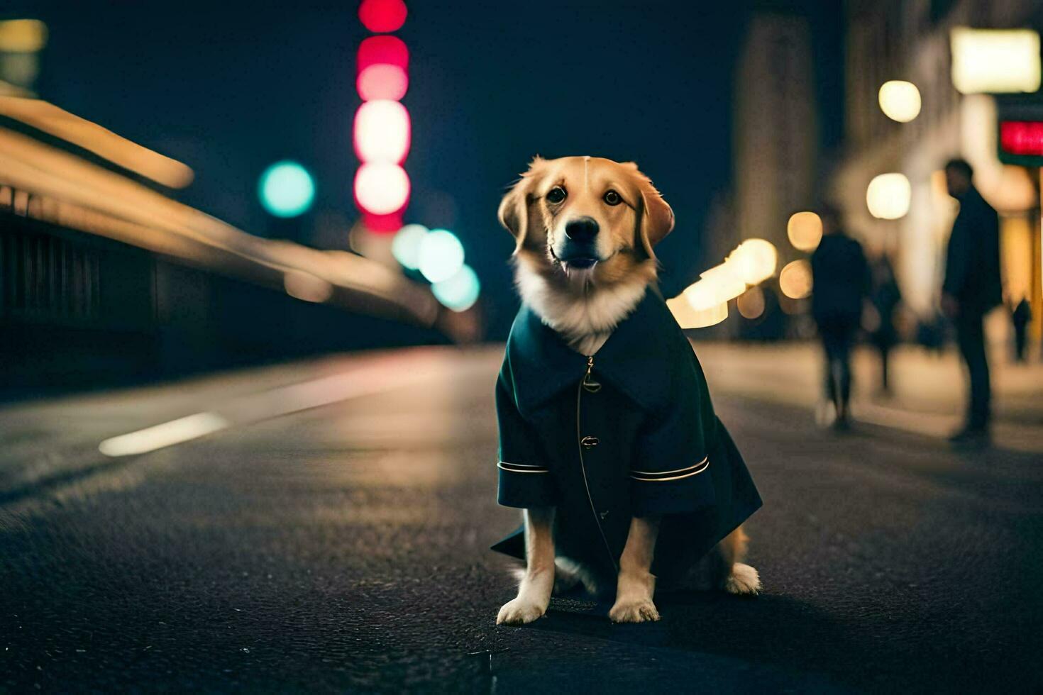 a dog in a coat sitting on the street at night. AI-Generated photo