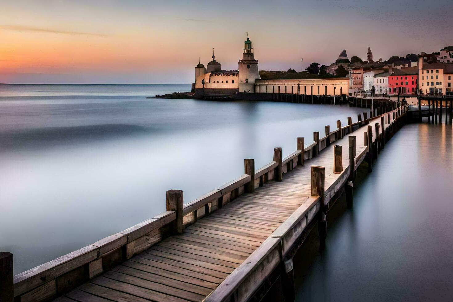 a pier in the water with a church in the background. AI-Generated photo