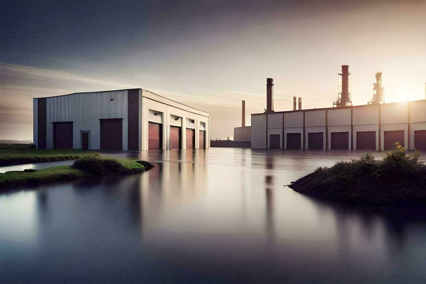 un fábrica con agua y un grande edificio. generado por ai foto