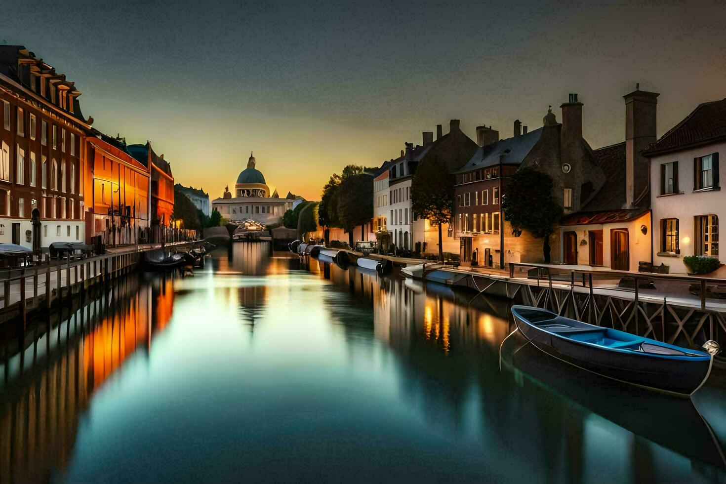 a canal in the middle of a city at sunset. AI-Generated photo