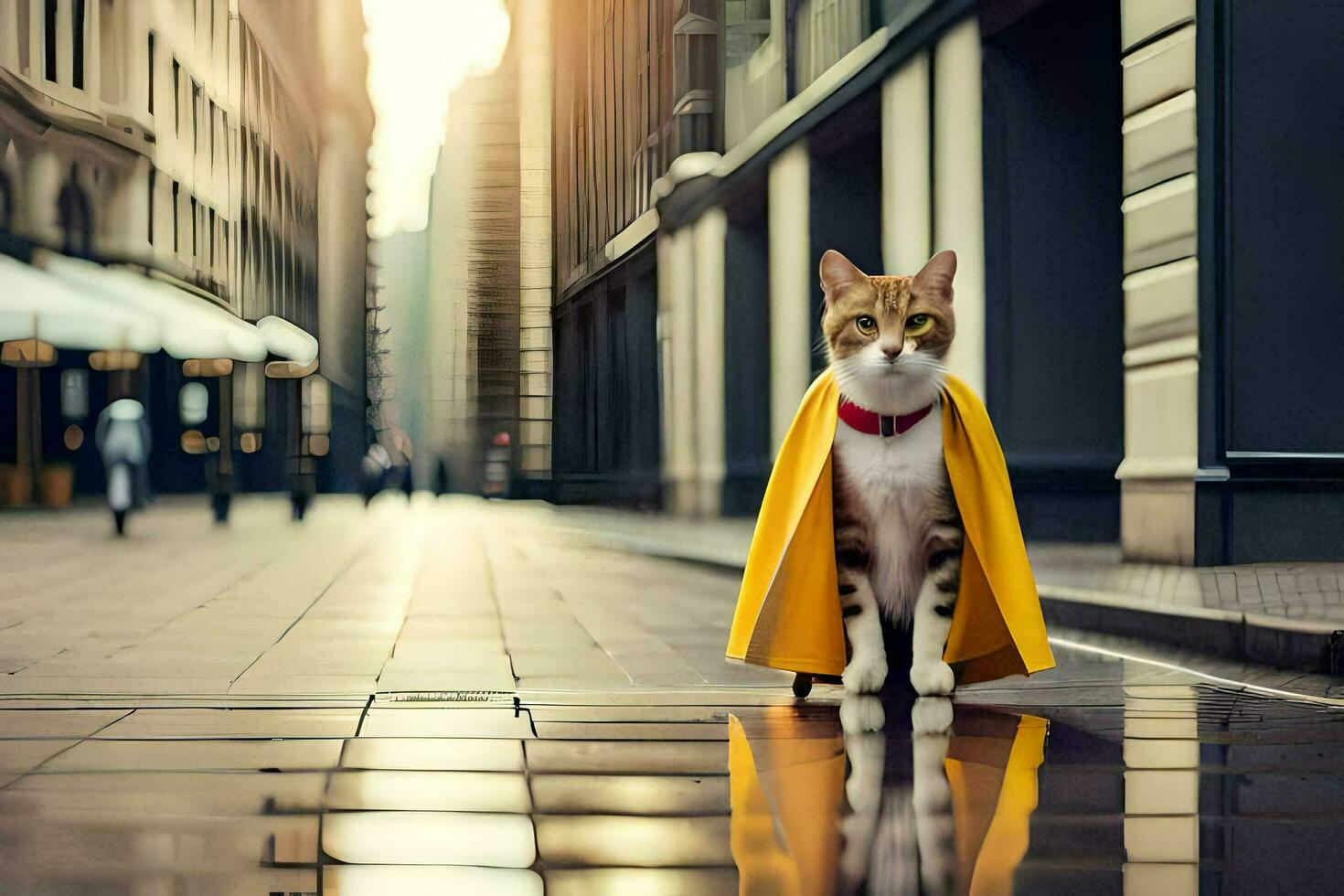 a cat wearing a yellow cape on a city street. AI-Generated photo