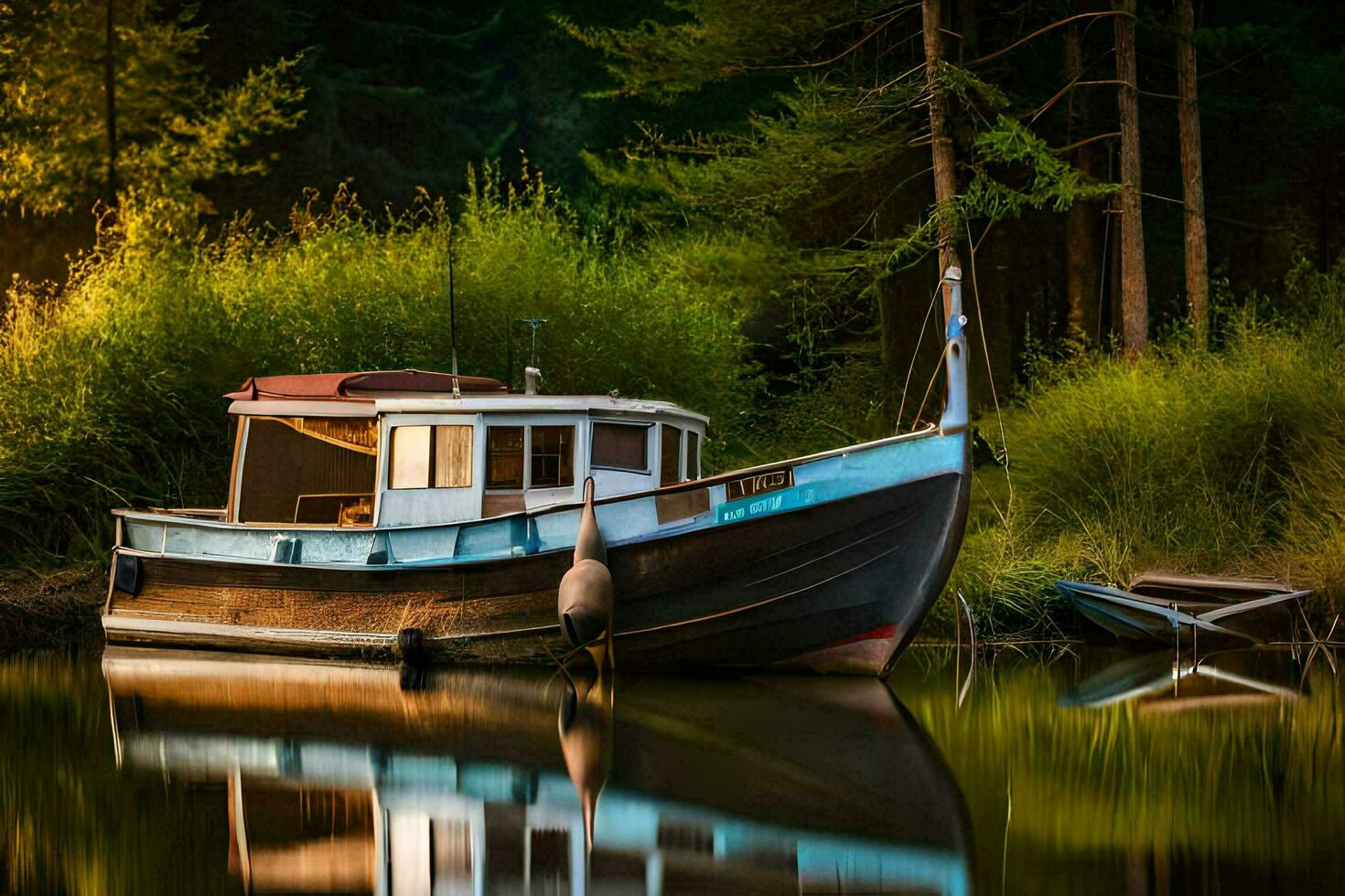 a boat is docked on the water in front of a forest. AI-Generated photo