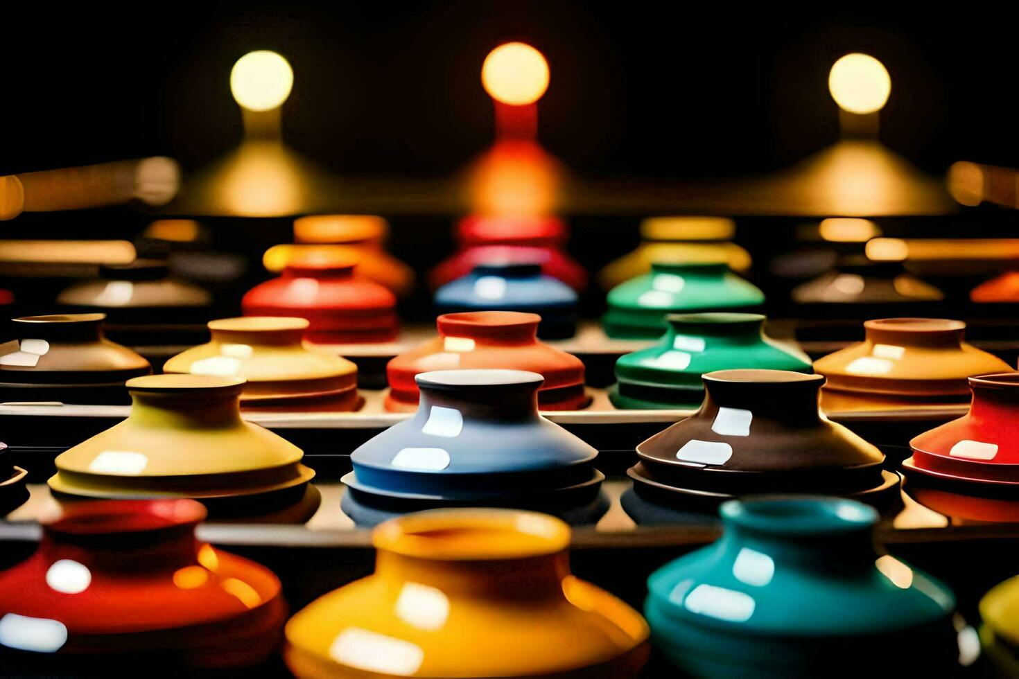 colorful vases on a table with candles in the background. AI-Generated photo