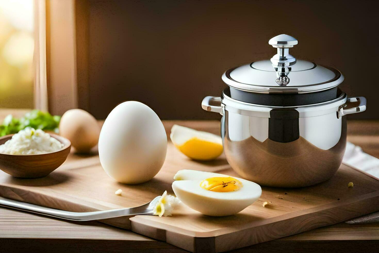 an egg, a pot and a knife on a cutting board. AI-Generated photo