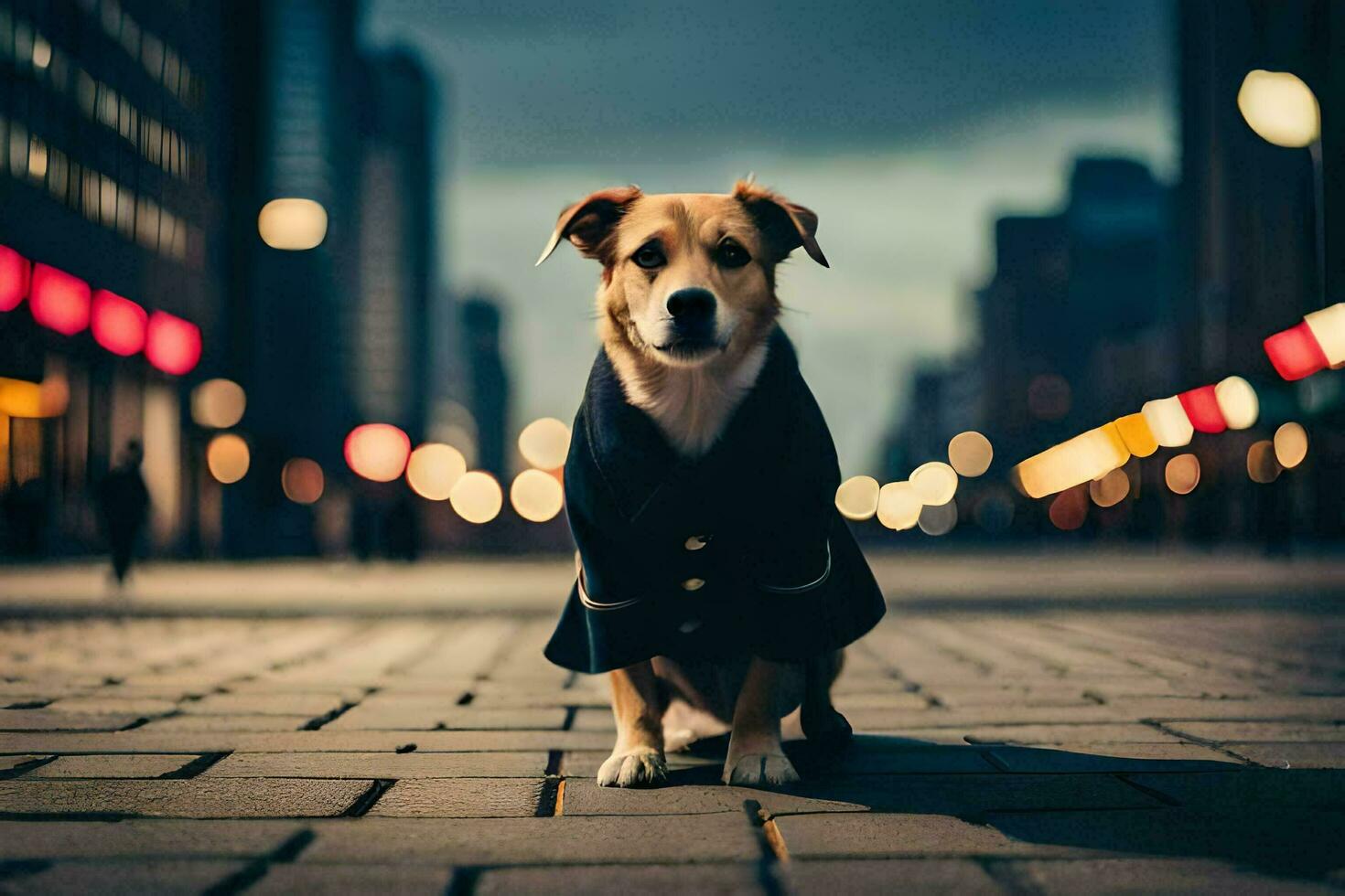 a dog in a coat sitting on the street. AI-Generated photo