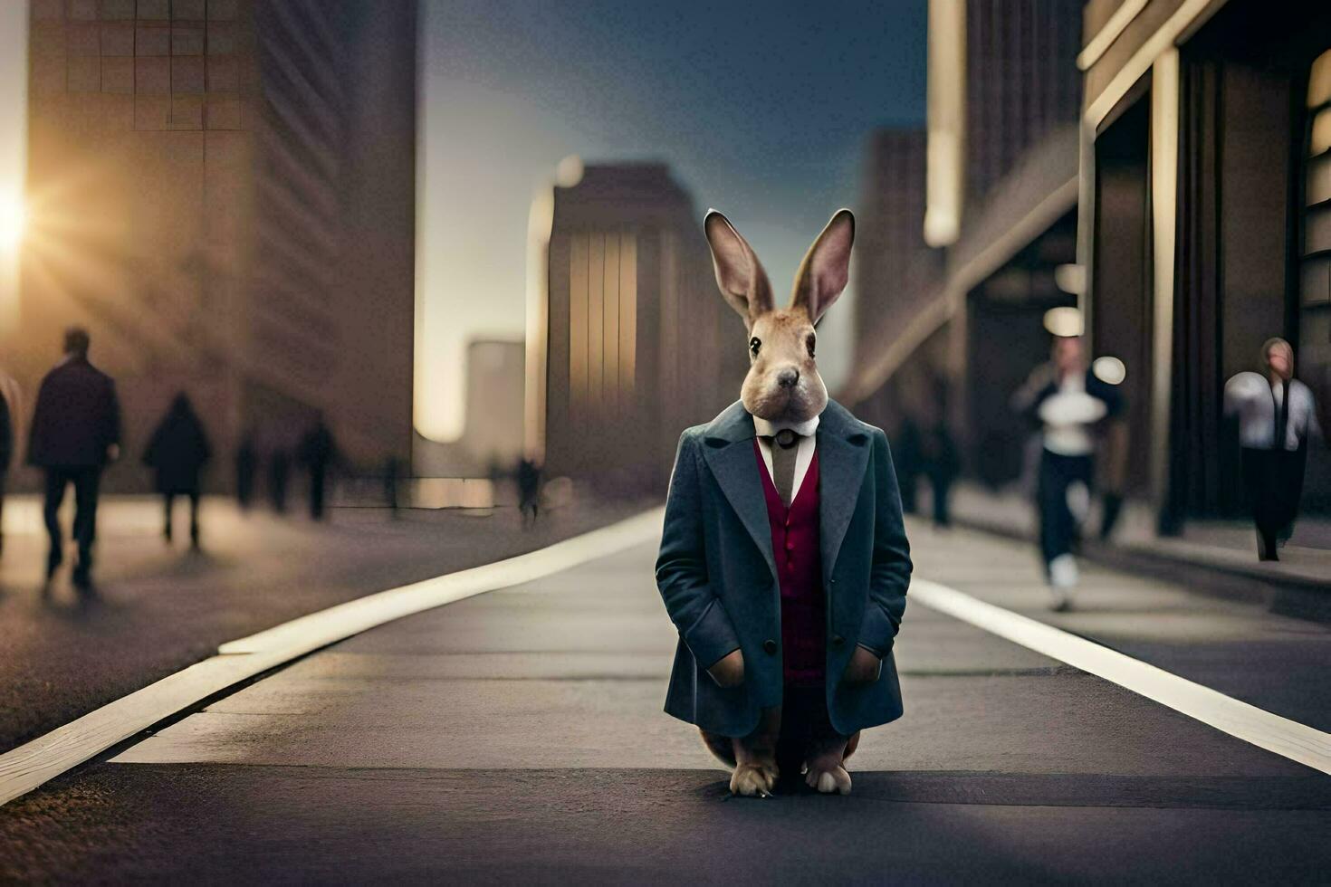 a rabbit dressed in a suit and tie standing in the middle of a city street. AI-Generated photo