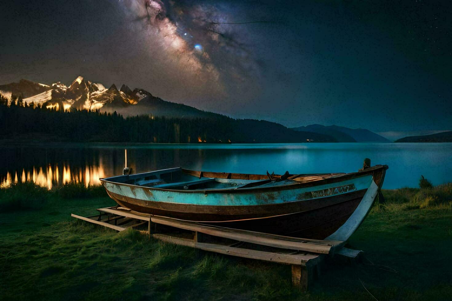 un barco se sienta en el apuntalar de un lago debajo el noche cielo. generado por ai foto