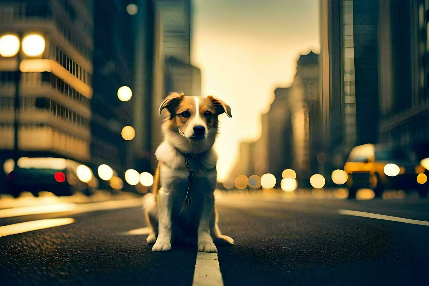 a dog sitting on the street in the middle of a city. AI-Generated photo