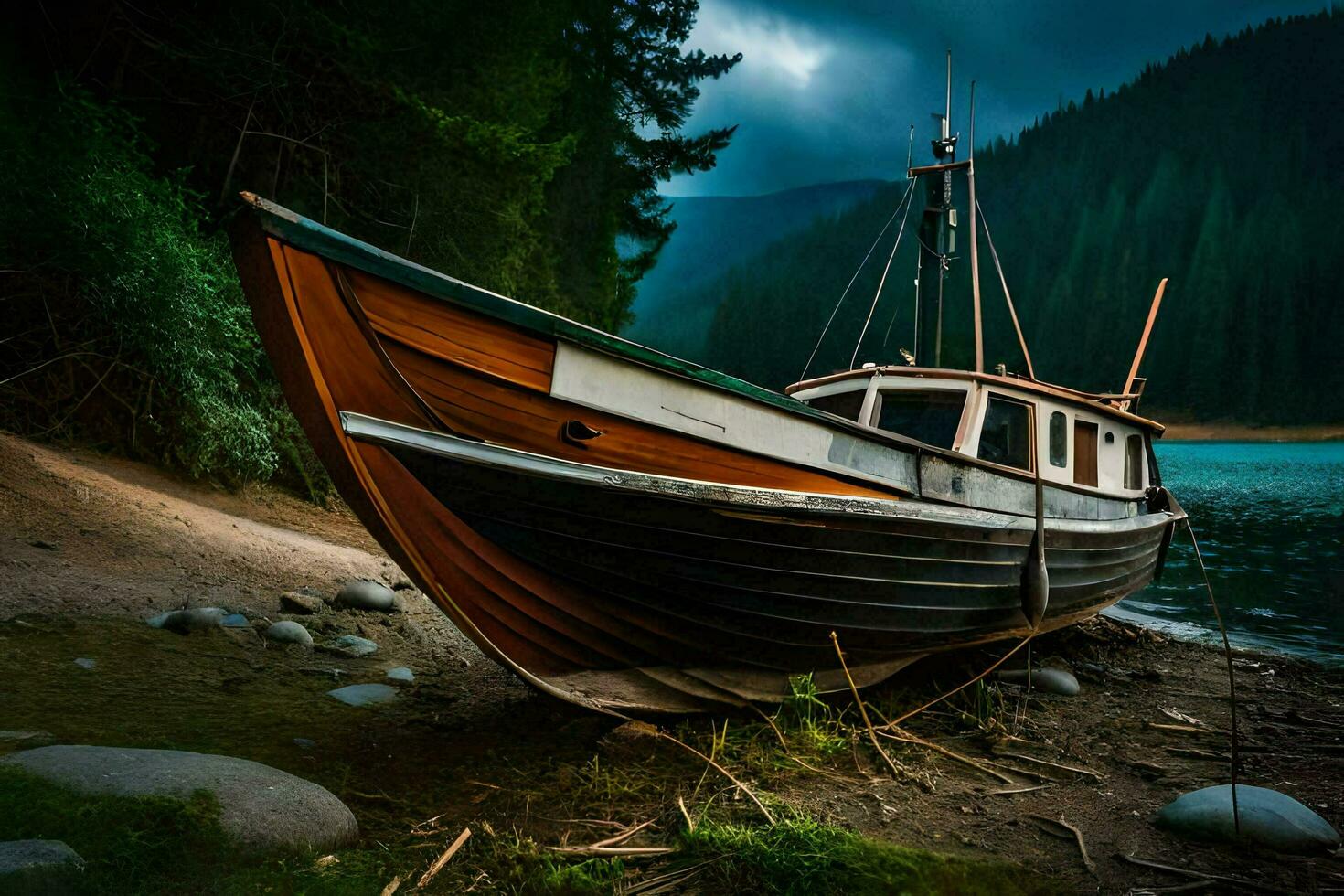 un barco se sienta en el apuntalar de un lago. generado por ai foto