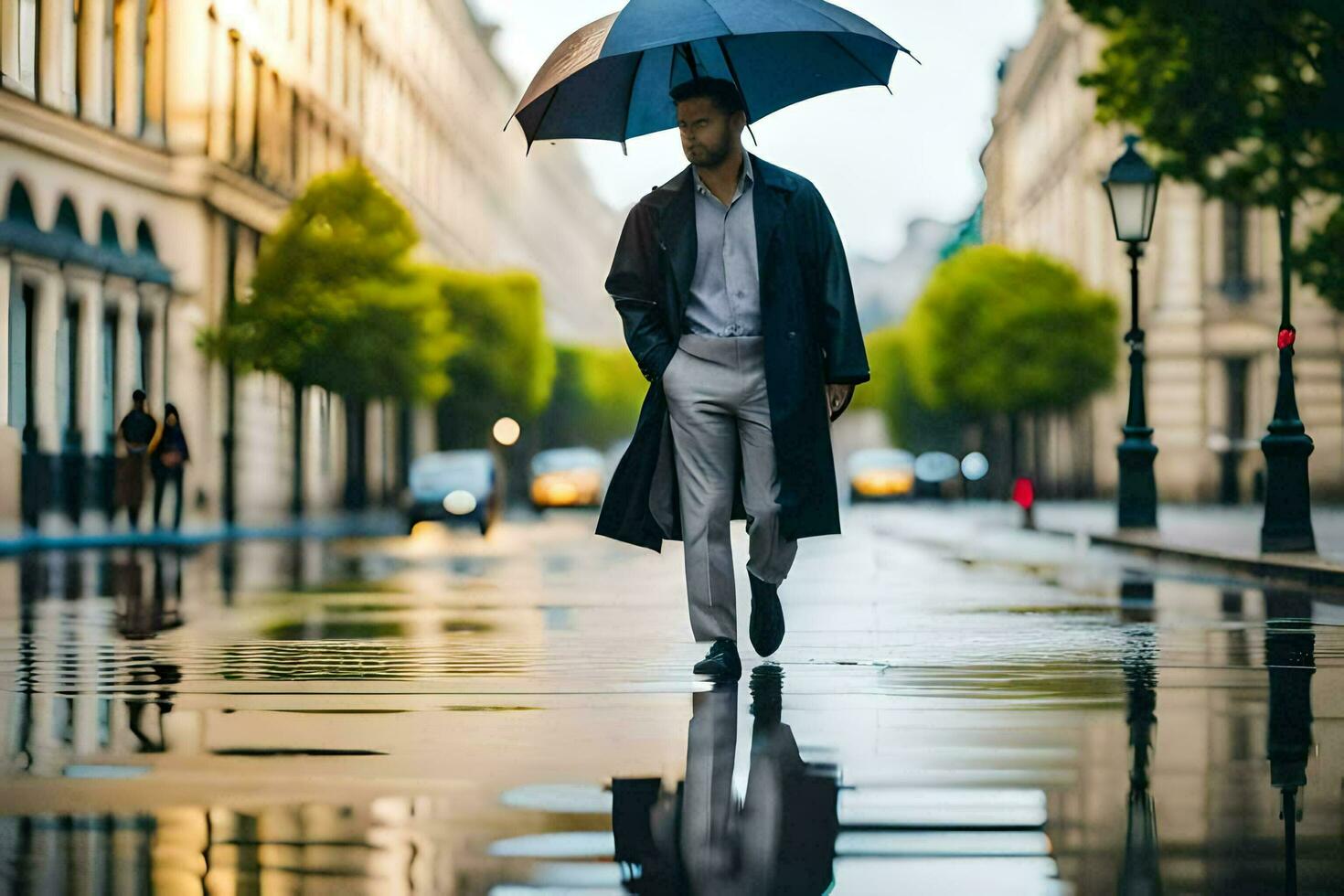 a man walking in the rain with an umbrella. AI-Generated photo