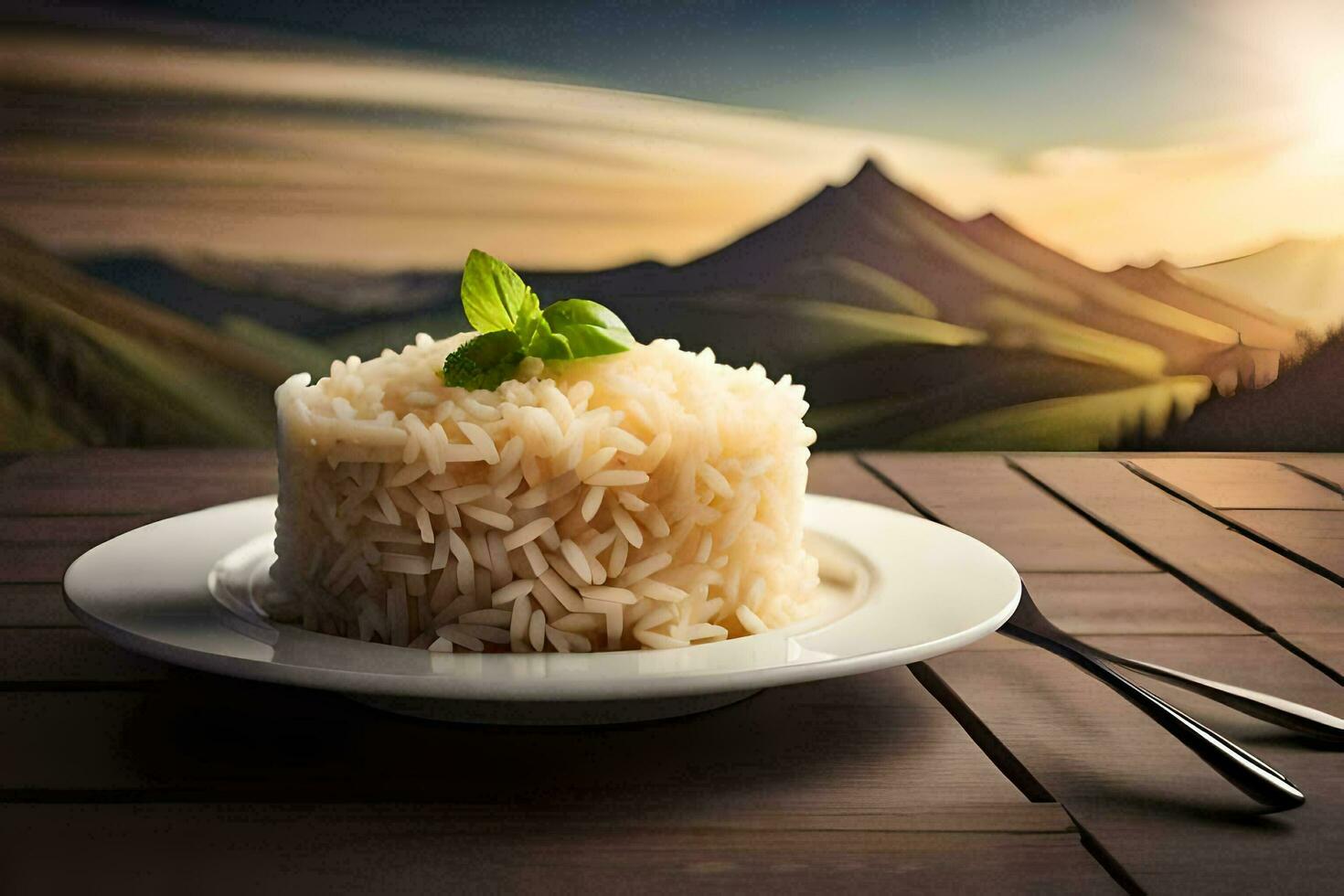 the rice is served on a plate with a fork and knife. AI-Generated photo