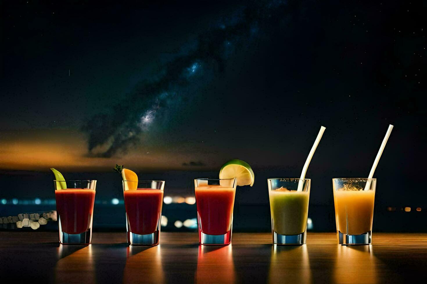 a row of drinks with straws on a table in front of a night sky. AI-Generated photo