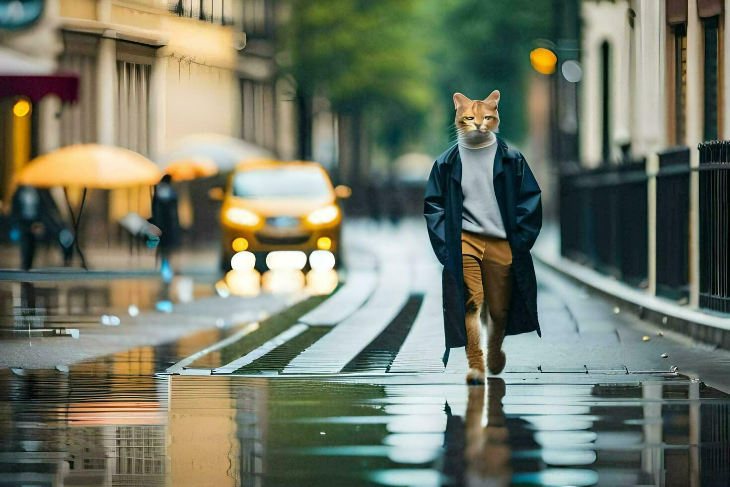 a cat walking down a street in the rain. AI-Generated photo