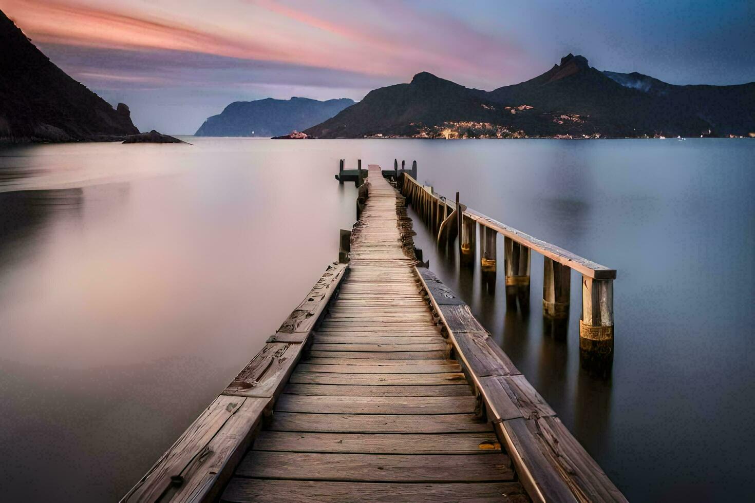 un largo exposición fotografía de un muelle en el agua. generado por ai foto