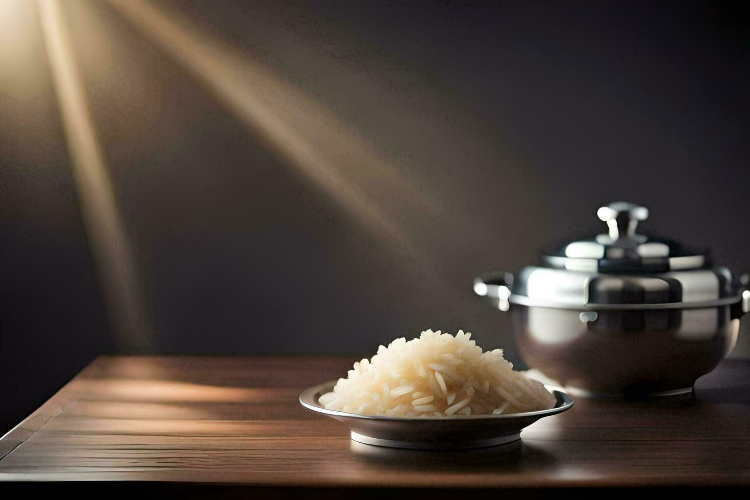 a bowl of rice and a pot on a table. AI-Generated photo