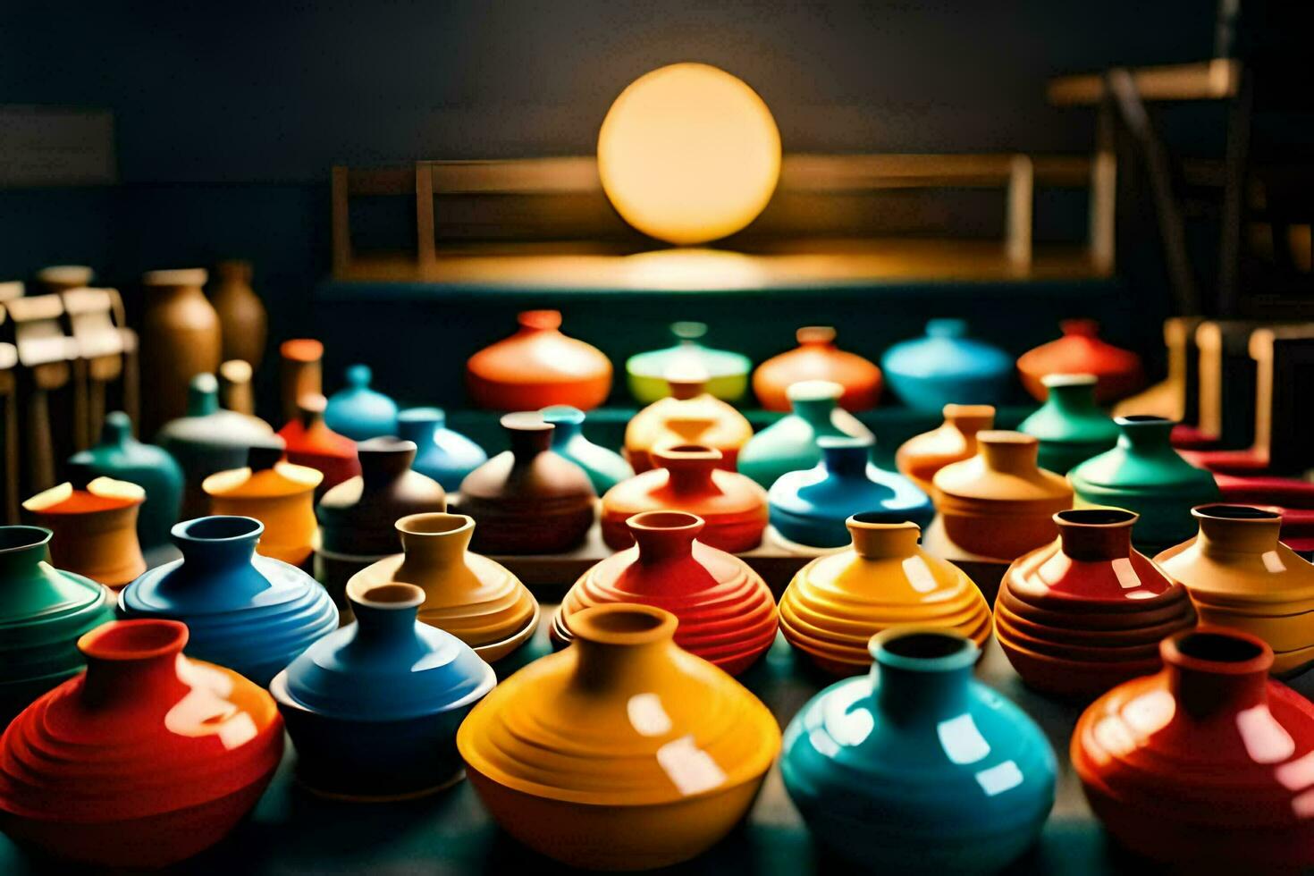 colorful vases on a table in a room. AI-Generated photo