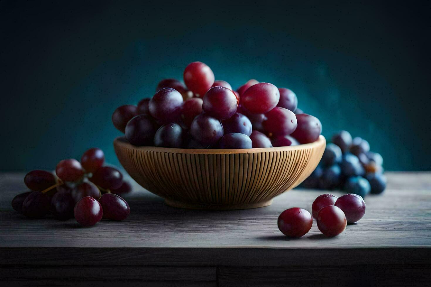 grapes in a bowl on a wooden table. AI-Generated photo
