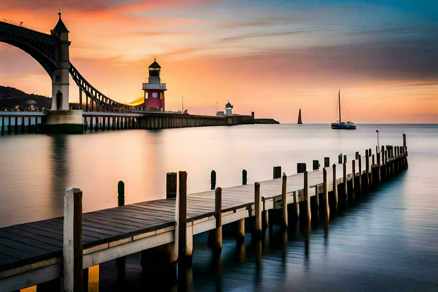 un muelle con un faro a puesta de sol. generado por ai foto