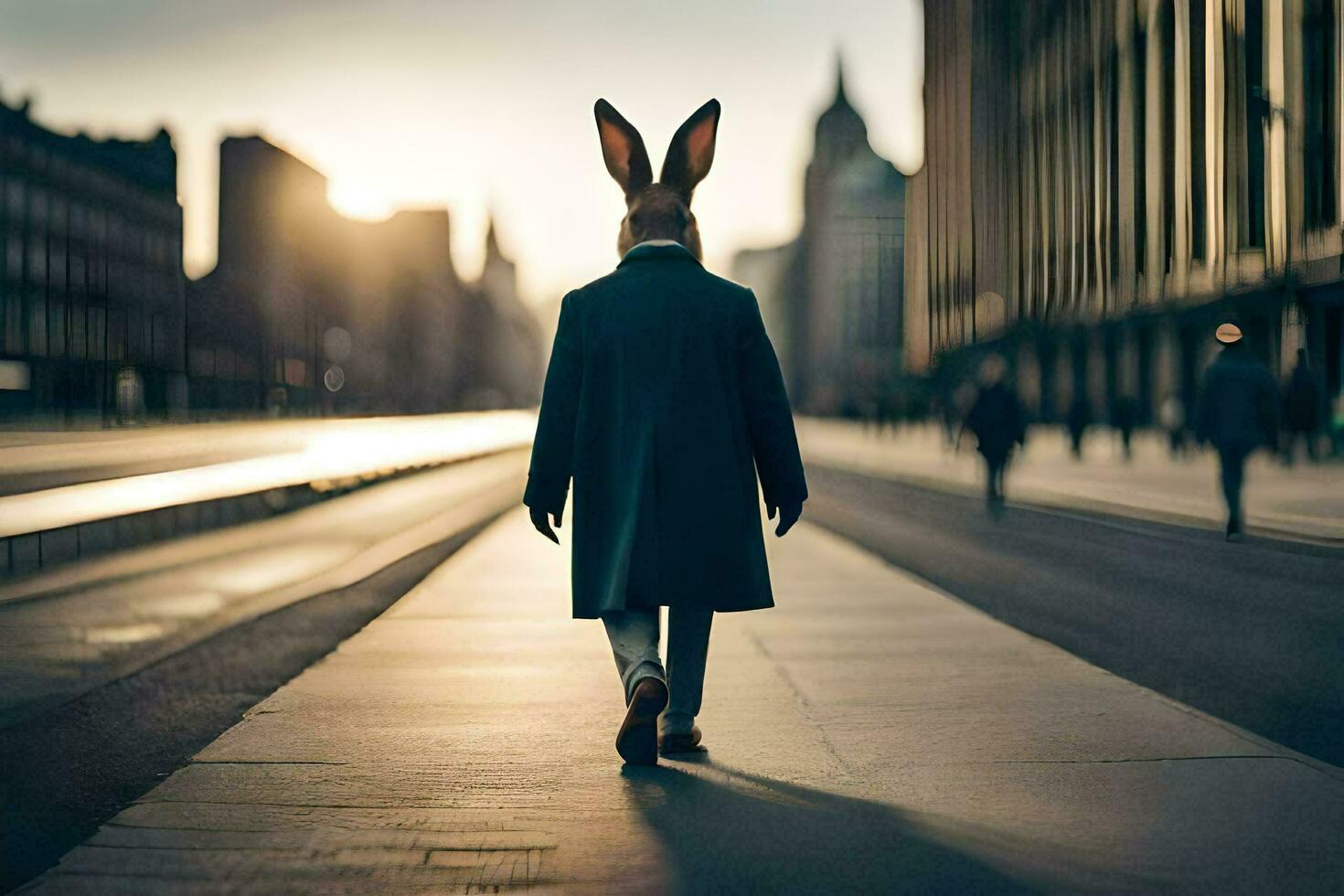 a person wearing a rabbit head walking down a street. AI-Generated photo