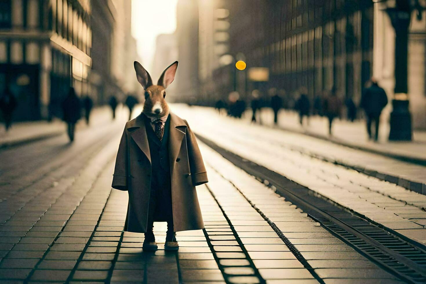 a rabbit wearing a coat and tie standing on a street. AI-Generated photo